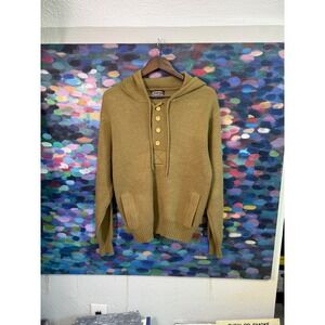 Vintage 70s 80s Monarch Tan Acrylic Hooded Pullover Sweater quarter Button up M